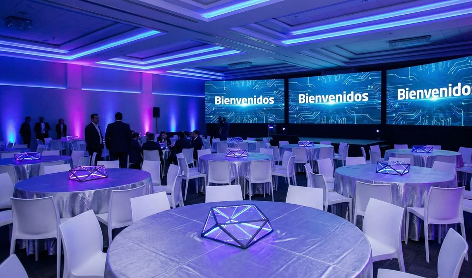 Montaje empresarial con iluminación azul y pantallas
